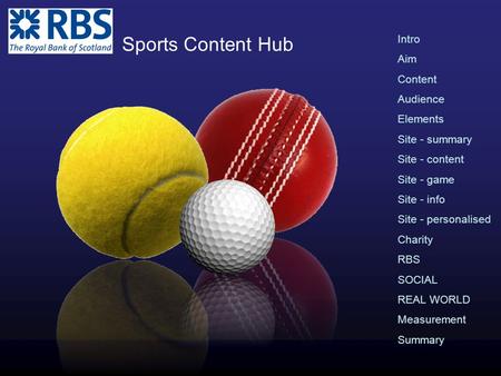 Intro Aim Content Audience Elements Site - summary Site - content Site - game Site - info Site - personalised Charity RBS SOCIAL REAL WORLD Measurement.