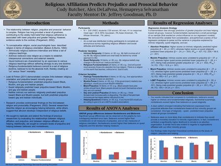 Religious Affiliation Predicts Prejudice and Prosocial Behavior Cody Butcher, Alex DeLaPena, Hemapreya Selvanathan Faculty Mentor: Dr. Jeffrey Goodman,