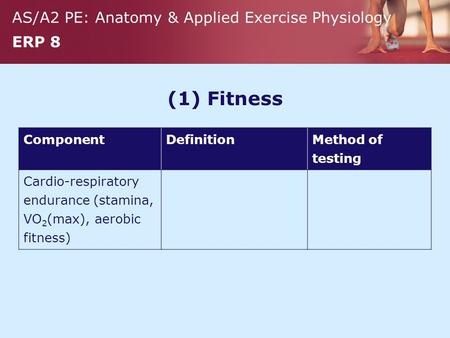 AS/A2 PE: Anatomy & Applied Exercise Physiology ERP 8 (1) Fitness ComponentDefinition Method of testing Cardio-respiratory endurance (stamina, VO 2 (max),