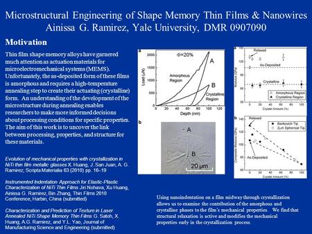 Microstructural Engineering of Shape Memory Thin Films & Nanowires Ainissa G. Ramirez, Yale University, DMR 0907090 Motivation Thin film shape memory alloys.