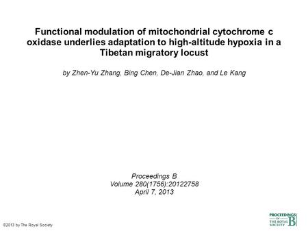 Functional modulation of mitochondrial cytochrome c oxidase underlies adaptation to high-altitude hypoxia in a Tibetan migratory locust by Zhen-Yu Zhang,