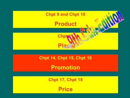 Chpt 9 and Chpt 10 Product Chpt 11 Place Chpt 14, Chpt 15, Chpt 16 Promotion Chpt 17, Chpt 18 Price.