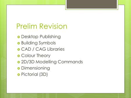 Prelim Revision  Desktop Publishing  Building Symbols  CAD / CAG Libraries  Colour Theory  2D/3D Modelling Commands  Dimensioning  Pictorial (3D)