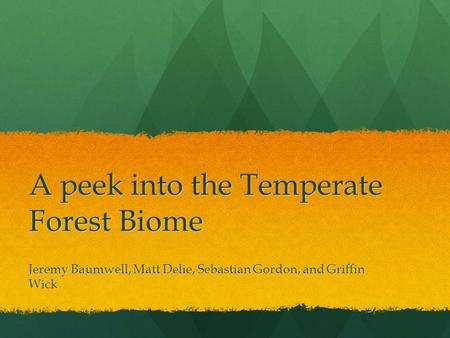 A peek into the Temperate Forest Biome Jeremy Baumwell, Matt Delie, Sebastian Gordon, and Griffin Wick.