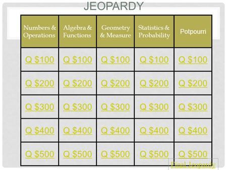 Jeopardy Q $100 Q $200 Q $300 Q $400 Q $500 Final Jeopardy