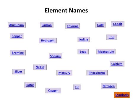 Bromine Calcium Carbon Chlorine Cobalt Copper Gold Hydrogen Iodine Iron Lead Nitrogen Nickel Mercury Magnesium Aluminum Oxygen Phosphorus Silver Sodium.