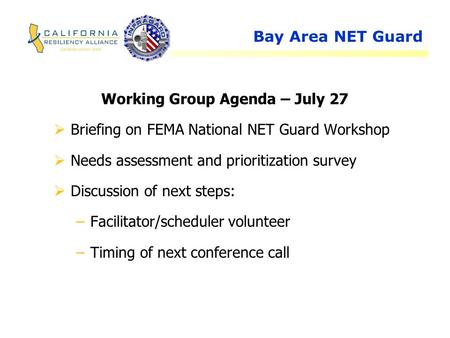 Bay Area NET Guard Working Group Agenda – July 27  Briefing on FEMA National NET Guard Workshop  Needs assessment and prioritization survey  Discussion.