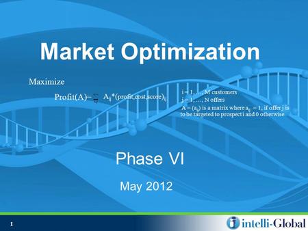 1 Market Optimization Phase VI May 2012 i = 1, …, M customers j = 1, …, N offers A = (a ij ) is a matrix where a ij = 1, if offer j is to be targeted to.