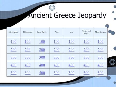 Ancient Greece Jeopardy GeographyPhilosophyGreat GreeksWarsArt Sparta and Athens Miscellaneous 100 200 300 400 500.