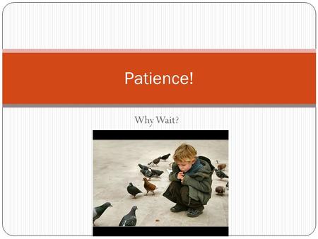 Why Wait? Patience!. Patience implies waiting. Patience is Difficult Waiting is not praised or welcomed (doesn’t come natural for us, especially in this.