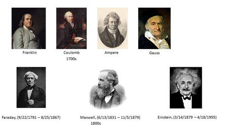 1700s 1800s CoulombAmpereFranklin Gauss Faraday, (9/22/1791 – 8/25/1867)Maxwell, (6/13/1831 – 11/5/1879) Einstein, (3/14/1879 – 4/18/1955)