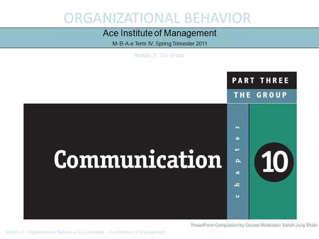 ORGANIZATIONAL BEHAVIOR Ace Institute of Management M-B-A-e Term IV, Spring Trimester 2011 Module 3: The Group Module 3 : Organizational Behaviour & Leadership.