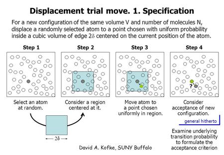 For a new configuration of the same volume V and number of molecules N, displace a randomly selected atom to a point chosen with uniform probability inside.