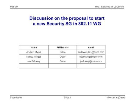 Doc.: IEEE 802.11-09/0580r0 Submission May 09 Myles et al (Cisco)Slide 1 Discussion on the proposal to start a new Security SG in 802.11 WG.