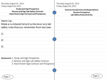 Study and Sign Prospectus Review and Sign Lab Safety Contract Have Parent Sign Contract and Prospectus Warm Up: Make a numbered list and write down any.