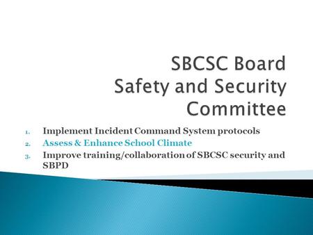 1. Implement Incident Command System protocols 2. Assess & Enhance School Climate 3. Improve training/collaboration of SBCSC security and SBPD.