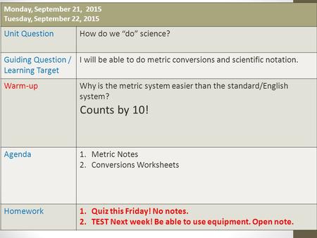 Counts by 10! Unit Question How do we “do” science?