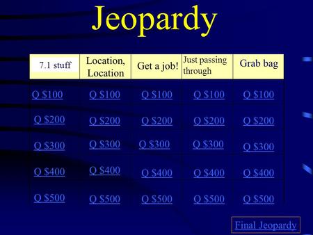 Jeopardy Location, Location Get a job! Just passing through Grab bag Q $100 Q $200 Q $300 Q $400 Q $500 Q $100 Q $200 Q $300 Q $400 Q $500 Final Jeopardy.