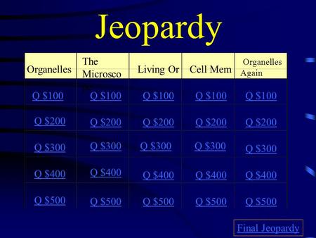 Jeopardy Organelles The Microsco pe Living OrCell Mem Organelles Again Q $100 Q $200 Q $300 Q $400 Q $500 Q $100 Q $200 Q $300 Q $400 Q $500 Final Jeopardy.