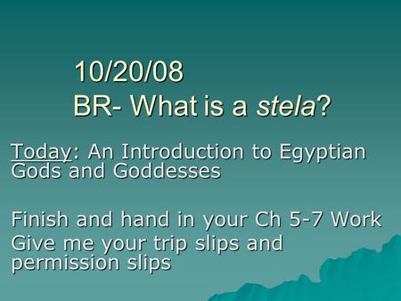 10/20/08 BR- What is a stela? Today: An Introduction to Egyptian Gods and Goddesses Finish and hand in your Ch 5-7 Work Give me your trip slips and permission.