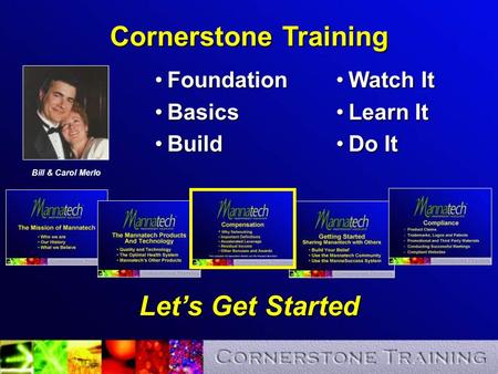 Watch ItWatch It Learn ItLearn It Do ItDo It Let’s Get Started Cornerstone Training Bill & Carol Merlo FoundationFoundation BasicsBasics BuildBuild.