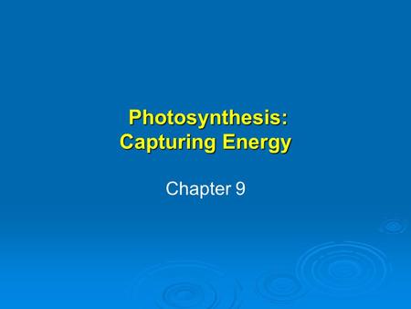 Photosynthesis: Capturing Energy Photosynthesis: Capturing Energy Chapter 9.