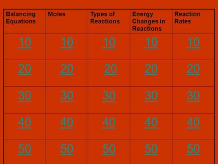 Balancing Equations MolesTypes of Reactions Energy Changes in Reactions Reaction Rates 10 20 30 40 50.