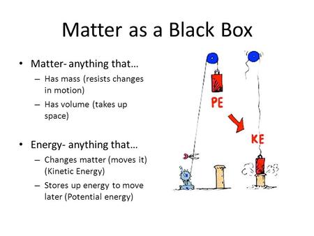 Matter as a Black Box Matter- anything that… – Has mass (resists changes in motion) – Has volume (takes up space) Energy- anything that… – Changes matter.