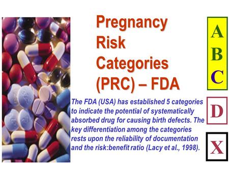 ABCABC D X PregnancyRiskCategories (PRC) – FDA The FDA (USA) has established 5 categories to indicate the potential of systematically absorbed drug for.