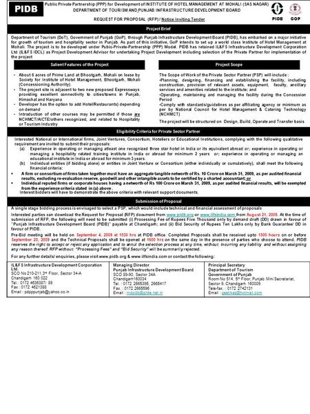 Public Private Partnership (PPP) for Development of INSTITUTE OF HOTEL MANAGEMENT AT MOHALI (SAS NAGAR) DEPARTMENT OF TOURISM AND PUNJAB INFRASTRUCTURE.