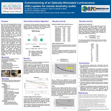 Commissioning of an Optically-Stimulated Luminescence (OSL) system for remote dosimetry audits J.F. Aguirre, P. Alvarez, C. Amador, A. Tailor, D. Followill,