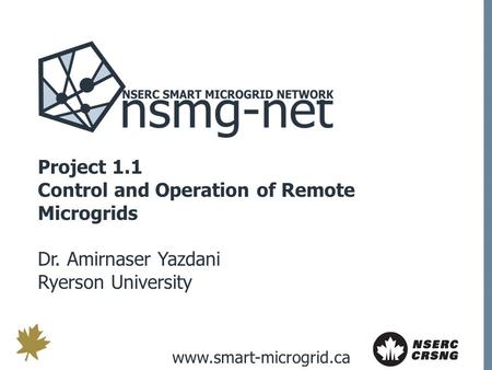 Www.smart-microgrid.ca Project 1.1 Control and Operation of Remote Microgrids Dr. Amirnaser Yazdani Ryerson University.