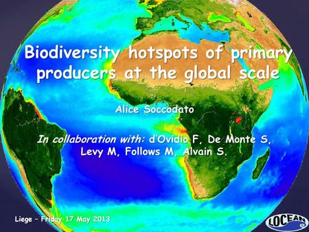 Biodiversity hotspots of primary producers at the global scale Alice Soccodato In collaboration with: d’Ovidio F, De Monte S, Levy M, Follows M, Alvain.