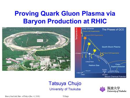 Heavy Ion Café, Univ. of Tokyo (Dec. 6, 2008) T.Chujo Proving Quark Gluon Plasma via Baryon Production at RHIC Tatsuya Chujo University of Tsukuba.