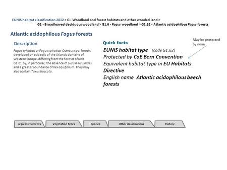 EUNIS habitat type (code G1.62) Protected by CoE Bern Convention Equivalent habitat type in EU Habitats Directive English name Atlantic acidophilous beech.