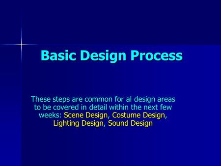 Basic Design Process These steps are common for al design areas to be covered in detail within the next few weeks: Scene Design, Costume Design, Lighting.