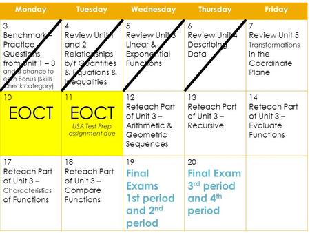 MondayTuesdayWednesdayThursdayFriday 3 Benchmark – Practice Questions from Unit 1 – 3 and a chance to earn Bonus (Skills Check category) 4 Review Unit.