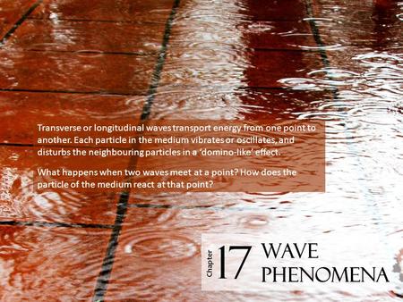 Transverse or longitudinal waves transport energy from one point to another. Each particle in the medium vibrates or oscillates, and disturbs the neighbouring.