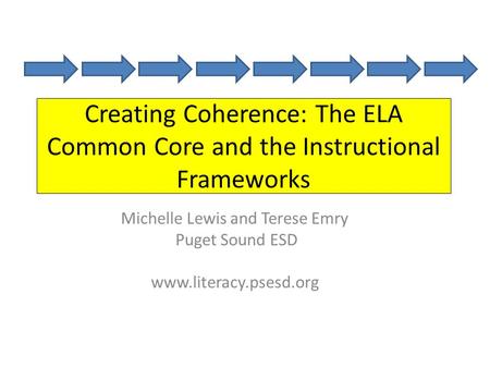 Creating Coherence: The ELA Common Core and the Instructional Frameworks Michelle Lewis and Terese Emry Puget Sound ESD www.literacy.psesd.org.