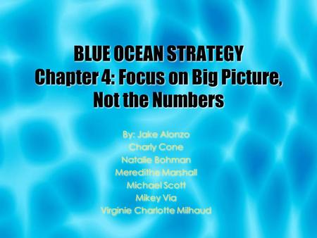 By: Jake Alonzo Charly Cone Natalie Bohman Meredithe Marshall Michael Scott Mikey Via Virginie Charlotte Milhaud BLUE OCEAN STRATEGY Chapter 4: Focus on.