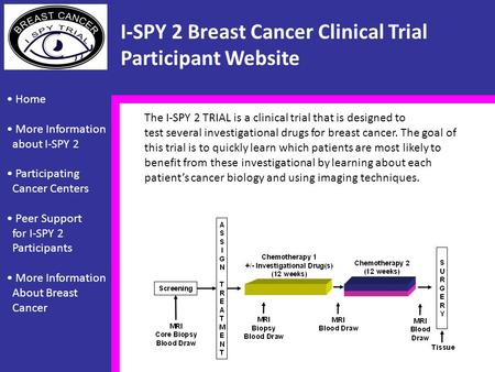 Home More Information about I-SPY 2 Participating Cancer Centers Peer Support for I-SPY 2 Participants More Information About Breast Cancer I-SPY 2 Breast.