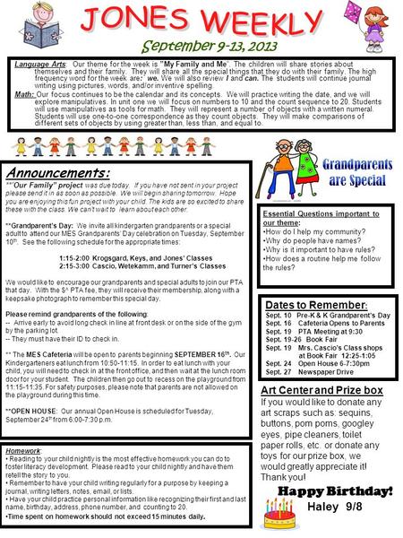 Language Arts: Our theme for the week is ”My Family and Me”. The children will share stories about themselves and their family. They will share all the.