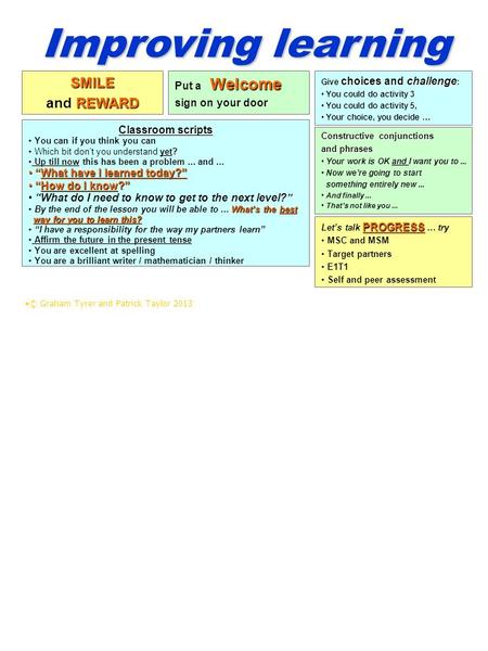 Improving learning SMILE REWARD and REWARD Welcome Put a Welcome sign on your door Classroom scripts You can if you think you can Which bit don’t you understand.