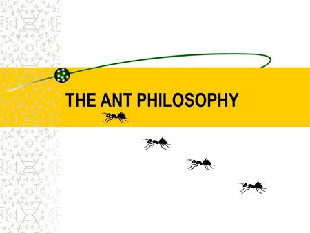 THE ANT PHILOSOPHY. 1 st PART PHILOSOPHY ANTS NEVER QUIT If they’re headed somewhere and you try to stop them, they’ll look for another way. They’ll climb.