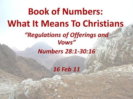 Prayer List Text Announcements Text Numbers WeekDateTopic 108 Dec10Numbers: An Introduction 215 Dec10Census and Organization: 1:1-4:49 322 Dec10Purity.