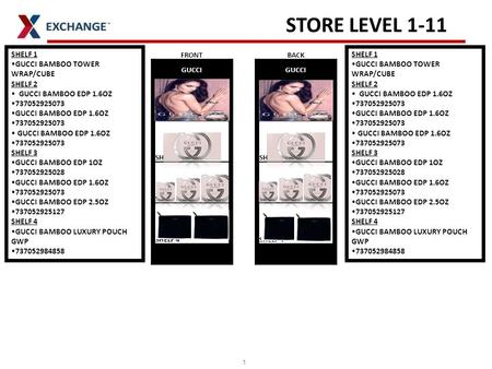 1 STORE LEVEL 1-11 SHELF 1 GUCCI BAMBOO TOWER WRAP/CUBE SHELF 2 GUCCI BAMBOO EDP 1.6OZ 737052925073 GUCCI BAMBOO EDP 1.6OZ 737052925073 GUCCI BAMBOO EDP.