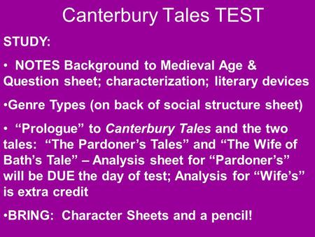 Canterbury Tales TEST STUDY: