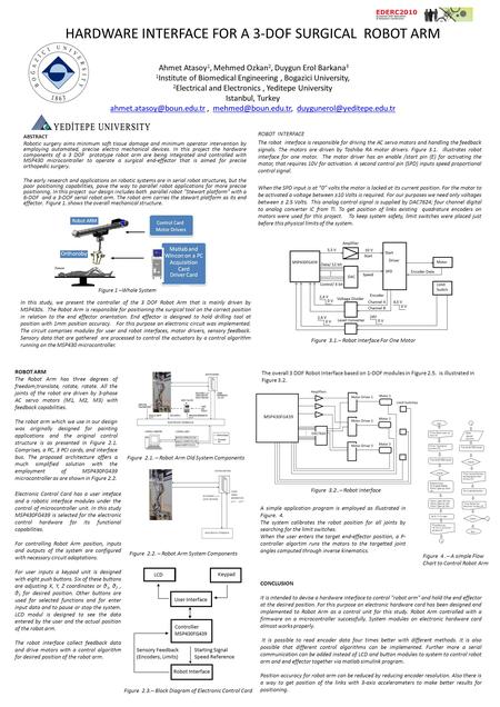 HARDWARE INTERFACE FOR A 3-DOF SURGICAL ROBOT ARM Ahmet Atasoy 1, Mehmed Ozkan 2, Duygun Erol Barkana 3 1 Institute of Biomedical Engineering, Bogazici.