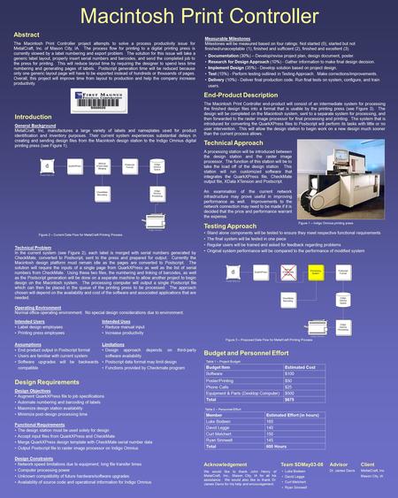 Macintosh Print Controller Team SDMay03-08Advisor Dr. James Davis Abstract The Macintosh Print Controller project attempts to solve a process productivity.