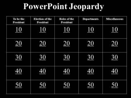 PowerPoint Jeopardy To be the President Election of the President Roles of the President DepartmentsMiscellaneous 10 20 30 40 50.